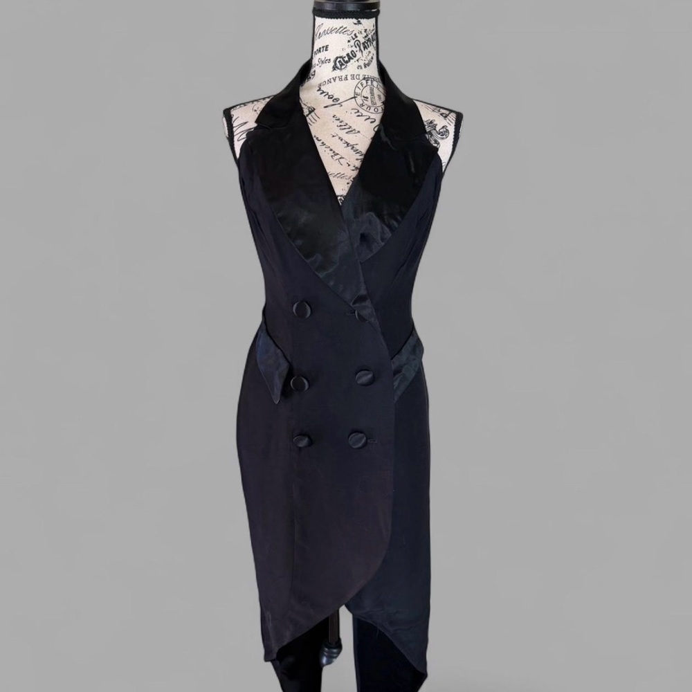 Vintage 1980s Tuxedo Dress~Halter T-Back~Tailcoat Hem~ size 3/4 ~ Made in USA